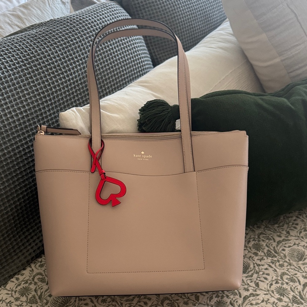 Kate Spade Taupe/ light pink Tote with Red Heart Charm/inside accent
